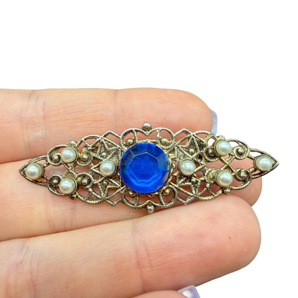 Victorian Jewelry Blue and faux pearl brooch Victorian pin